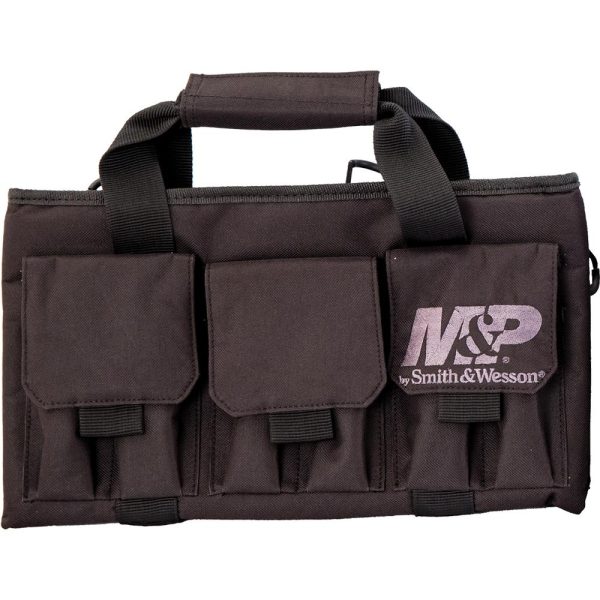 Black smith & wesson firearms bag with multiple compartments and handles, featuring the m&p logo; related to guns and ammo in casey, iowa.