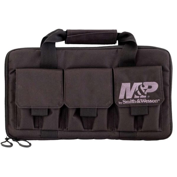 Black firearm and ammo bag with three pockets, featuring the smith & wesson logo in white, suitable for gear transport in casey, iowa.