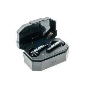 Black Caldwell electronic earbuds in an open black charging case.