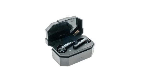 Black caldwell electronic earbuds in an open black charging case.