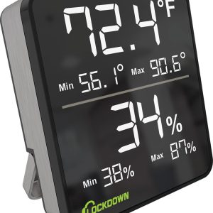A digital thermometer displaying temperature (72.4°F) and humidity (34%) with a black front and green "Lockdown" logo.
