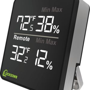 Black and silver digital thermohygrometer displaying temperatures of 72.5°F and 32°F, and humidity levels of 38% and 12%, with "Lockdown" logo in green.