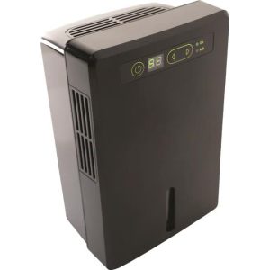 A black electronic dehumidifier with a digital display and control buttons on the top panel.