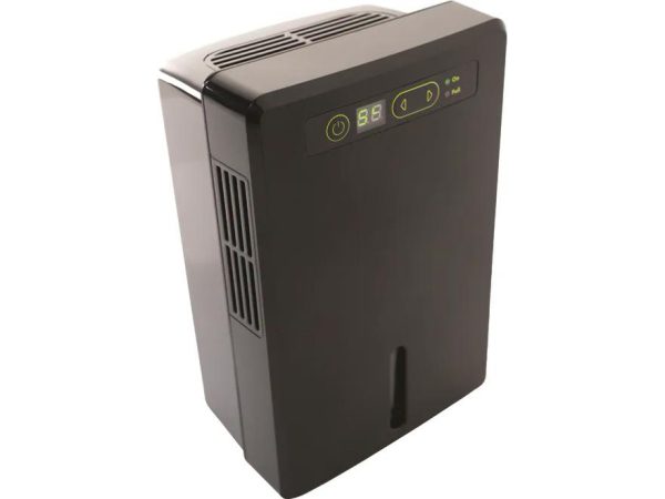 A black electronic dehumidifier with a digital display and control buttons on the top panel.