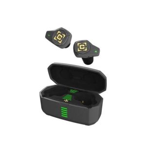 A pair of black and gold wireless earbuds with a matching black charging case, featuring green accents and indicator lights.