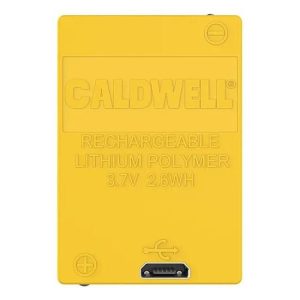 Yellow Caldwell rechargeable lithium polymer battery pack, 3.7V, 2.6Wh, with USB charging port.