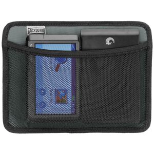 Mesh pocket organizer with black edges, containing a blue device and a black external hard drive inside, tagged with the brand "Lockdown."
