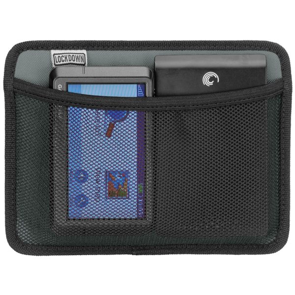 Mesh pocket organizer with black edges, containing a blue device and a black external hard drive inside, tagged with the brand "lockdown. "