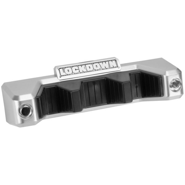 Silver and black lockdown gun accessory with textured grips, ideal for firearms and ammo storage.