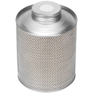 Perforated metal can with a silver finish and a screw-on lid, used for containing flammable substances.