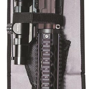 Gray and black firearm bag with a rifle partially visible, secured with black straps and mesh pockets.