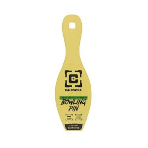 Yellow AR500 rimfire/handgun bowling pin target by Caldwell, featuring black and green text.