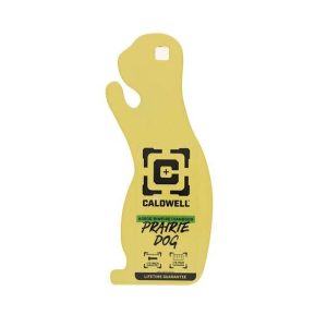 Yellow prairie dog silhouette target with black Caldwell logo and text indicating suitability for AR500 rimfire/handgun.