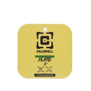 Yellow Caldwell AR500 Rimfire/Handgun Plate, 8-inch square with black target design and text, featuring lifetime guarantee.
