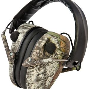 Camouflage-patterned earmuffs with black padded headband.