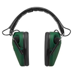 Black and green over-ear hearing protection earmuffs with padded headband.