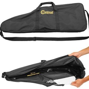 Black Caldwell rifle bag with yellow logo, zipper closure, and shoulder strap, shown closed and opened with a firearm inside.