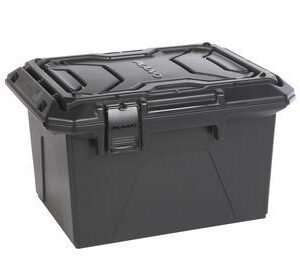 Black plano storage box with secure latches, used for firearms and ammo storage, casey iowa.