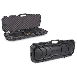 Black Plano firearm case with rifle and ammo inside, featuring textured foam interior; closed and open views.