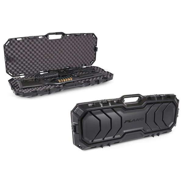 Black plano firearm case with rifle and ammo inside, featuring textured foam interior; closed and open views.