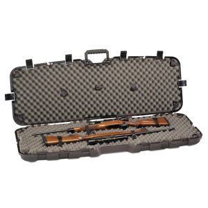 Gray firearm carrying case with dense foam padding, containing a wooden rifle and scope, open on white background.