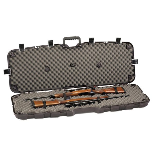 Gray firearm carrying case with dense foam padding, containing a wooden rifle and scope, open on white background.