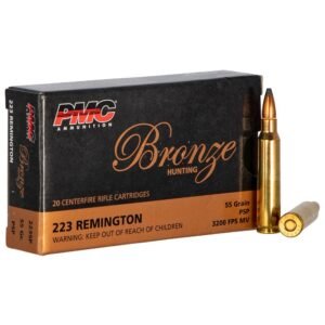 Pmc bronze. 223 remington rifle ammunition box with copper-colored cartridge, highlighting "55 grain psp" and "3200 fps mv" on a black and bronze box.