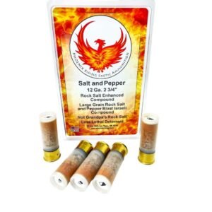 Phoenix rising exotic ammunition salt and pepper 12 ga. 2 3/4" shells on a white background; packaging features a red and orange phoenix graphic and text about rock salt enhanced compound.