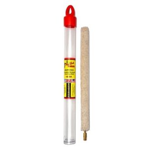 Cleaning mop for firearms, featuring a beige fabric brush and clear tube with a red cap, labeled "Hoppe's" for 12 GA shotguns.
