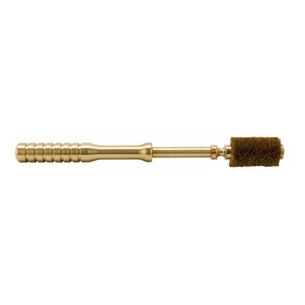 Gold-colored gun cleaning rod with a brown bristle brush attachment.