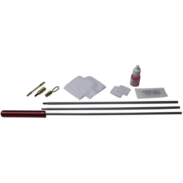 Gun cleaning kit with a red handle, metal rods, brass attachments, white cleaning patches, oil bottle, and lubricant packet on a white background.