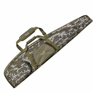 Camo gun bag with olive green accents, dual handles, and zippered pockets, suitable for firearms and ammo storage; located in Casey, Iowa.