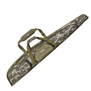 Camo-patterned firearm bag with olive green handles and trim.