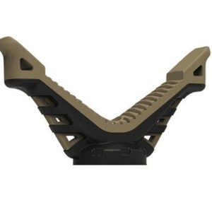 Olive green bipod rest for firearms with black accents.