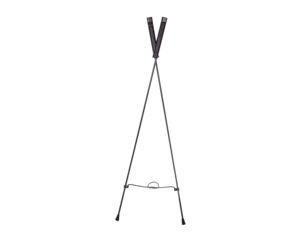Alt text: Black rifle tripod stand with adjustable legs and V-shaped holder against a white background.