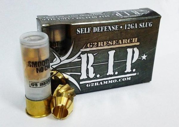 Box of g2 research r. I. P. 12ga slug ammunition with brass-colored bases and transparent shells, featuring bold white branding on a dark packaging.