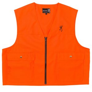 Bright orange hunting vest with a front zipper and two snap-button pockets, featuring the Browning logo on the chest.