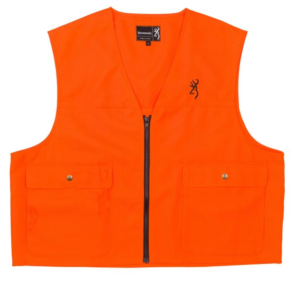 Bright orange hunting vest with a front zipper and two snap-button pockets, featuring the browning logo on the chest.