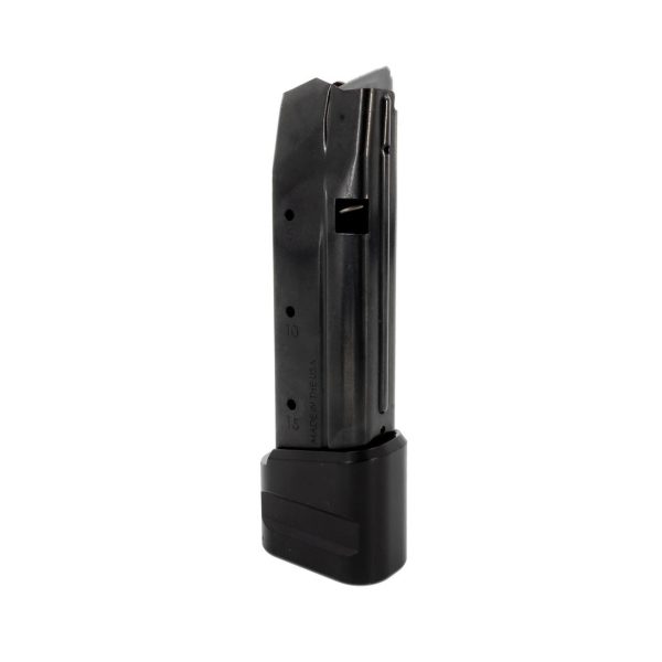 Black firearm magazine with visible round count indicators, designed for handguns, isolated on a white background.