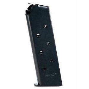 Black handgun magazine with round indicator holes, labeled. 45 acp.