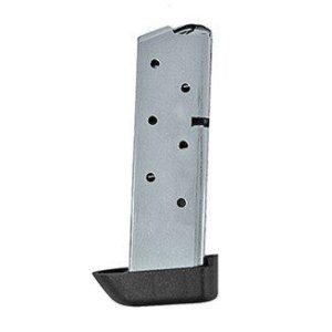 Silver firearm magazine with black base, featuring multiple circular holes.