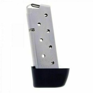 Silver 9mm handgun magazine with a black base plate, featuring engraved numbers and brand markings.