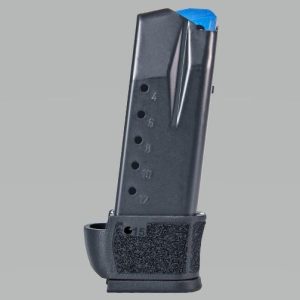 Black firearm magazine with textured grip and visible round indicators on a light gray background, featuring a distinct blue follower at the top.