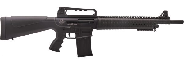 Black tactical shotgun with a carrying handle and ribbed barrel grip from rock island armory.