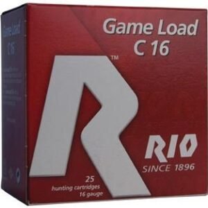 Red rio game load c16 ammo box with white lettering, featuring 25 hunting cartridges, 16 gauge.