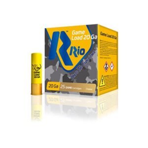 Yellow 20-gauge shotgun shell with rio branding, next to a yellow and gray box of game load cartridges.