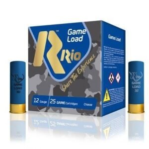 Box of rio game load 12-gauge shotgun cartridges with blue and gold shells, featuring a camo pattern and safety icons.