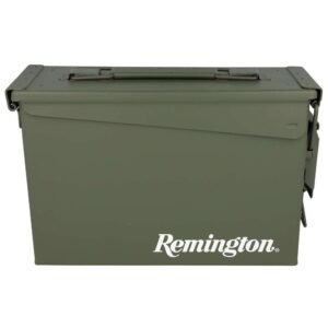 Green Remington ammo box with white logo branding, firearms storage, gun accessories, Casey, Iowa.