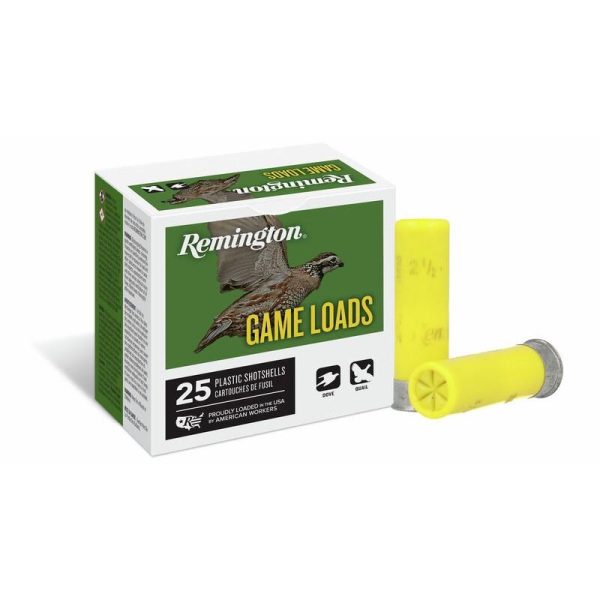 Remington game loads ammunition box with green background and yellow shotgun shells, featuring a game bird illustration.