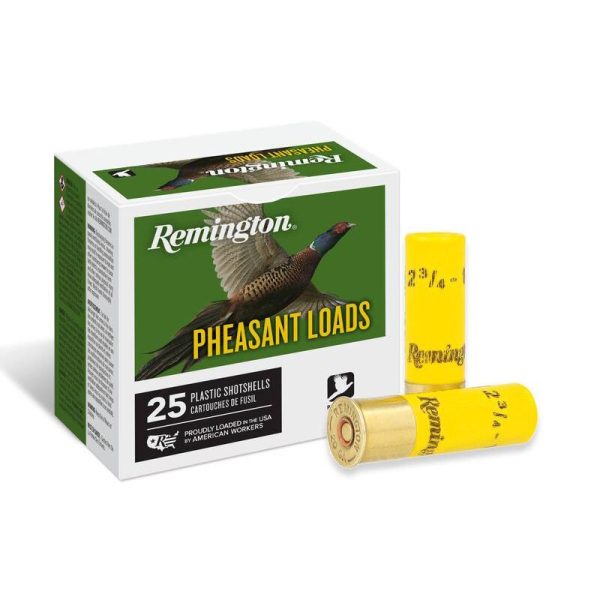 Remington pheasant loads box with green label and colorful pheasant image, accompanied by two yellow shotgun shells with brass bases, marked "remington 2-3/4. "